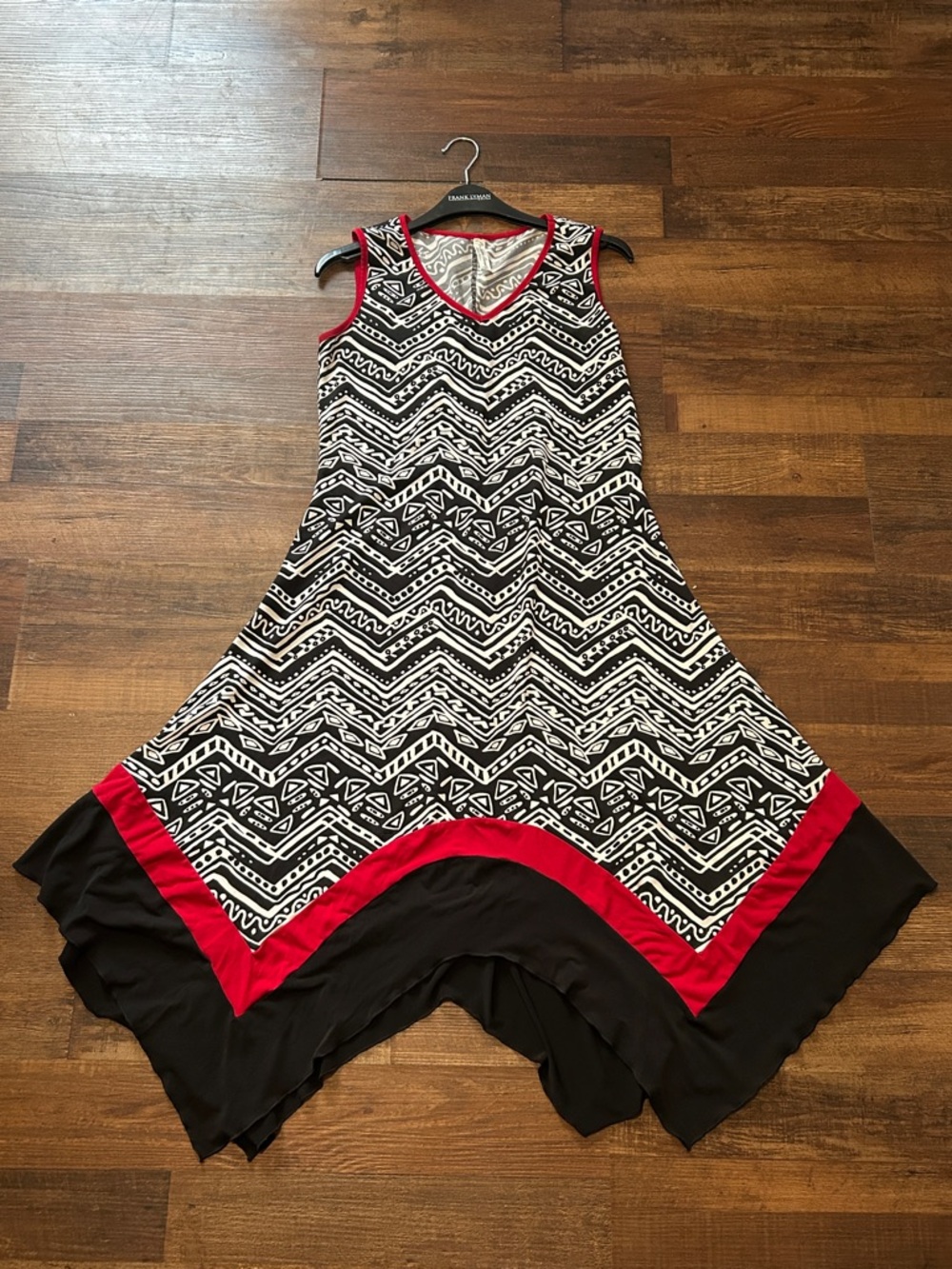 PerSeption Concept Black, White & Red Asymmetrical Handkerchief Dress Small
